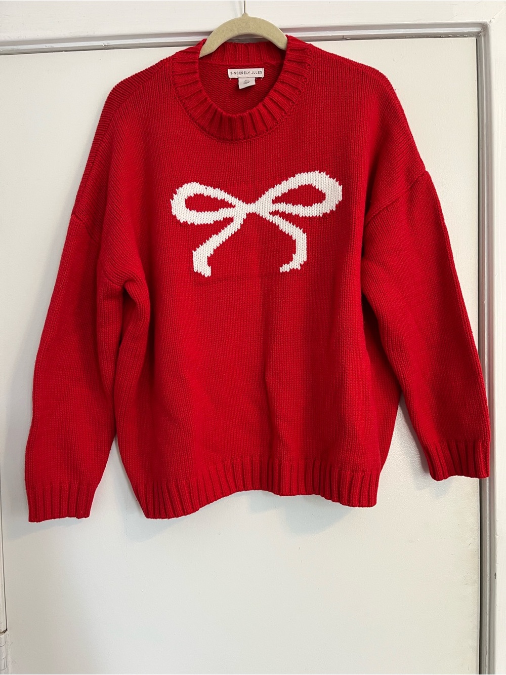 Sincerely Jules Red Crewneck Sweater with White Bow Christmas holiday valentine